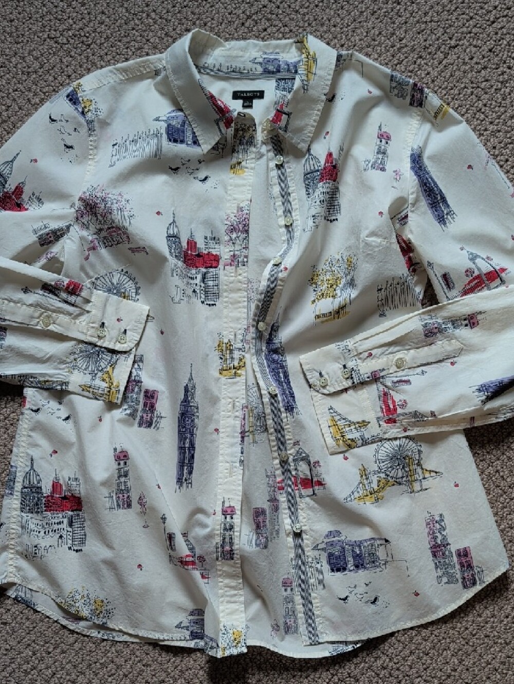 Anglophile Cream Cityscape Print Button-Up Shirt Big Ben London Eye Toile - Picture 4 of 15